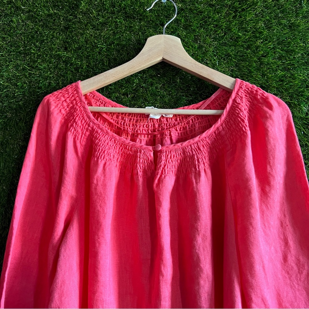 Linen Charter Club Luxury Coral Embroidered Sleeve Hem Neck Smocked Top - Picture 3 of 6
